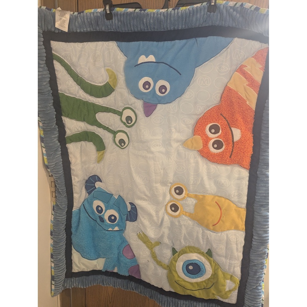 Disney Baby Monsters Inc Mike Sulley Crib Quilt Blanket Blue Green Nursery